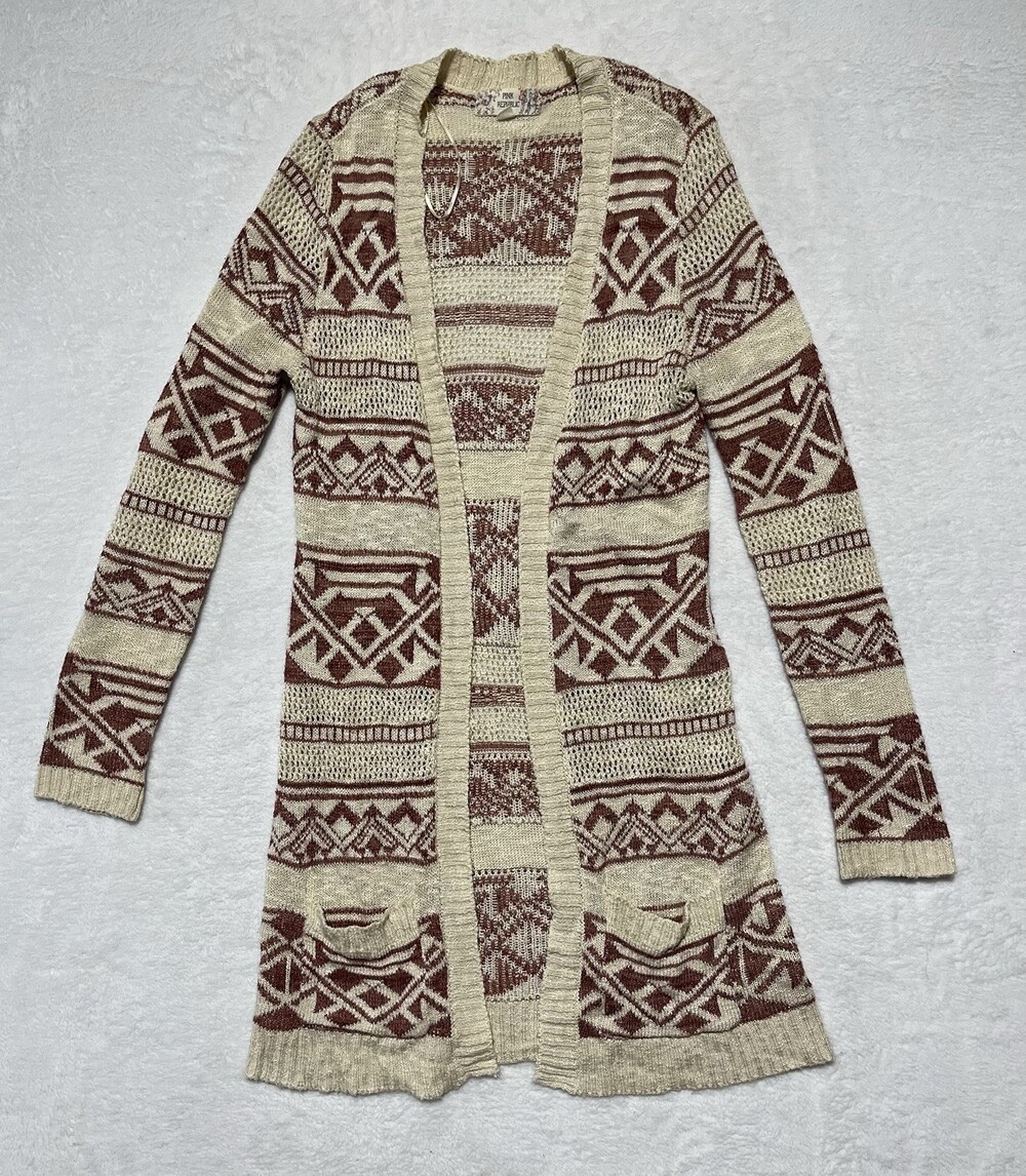 Pink Republic Sweater Womens Medium Maroon Ivory Open Front Long Cardigan